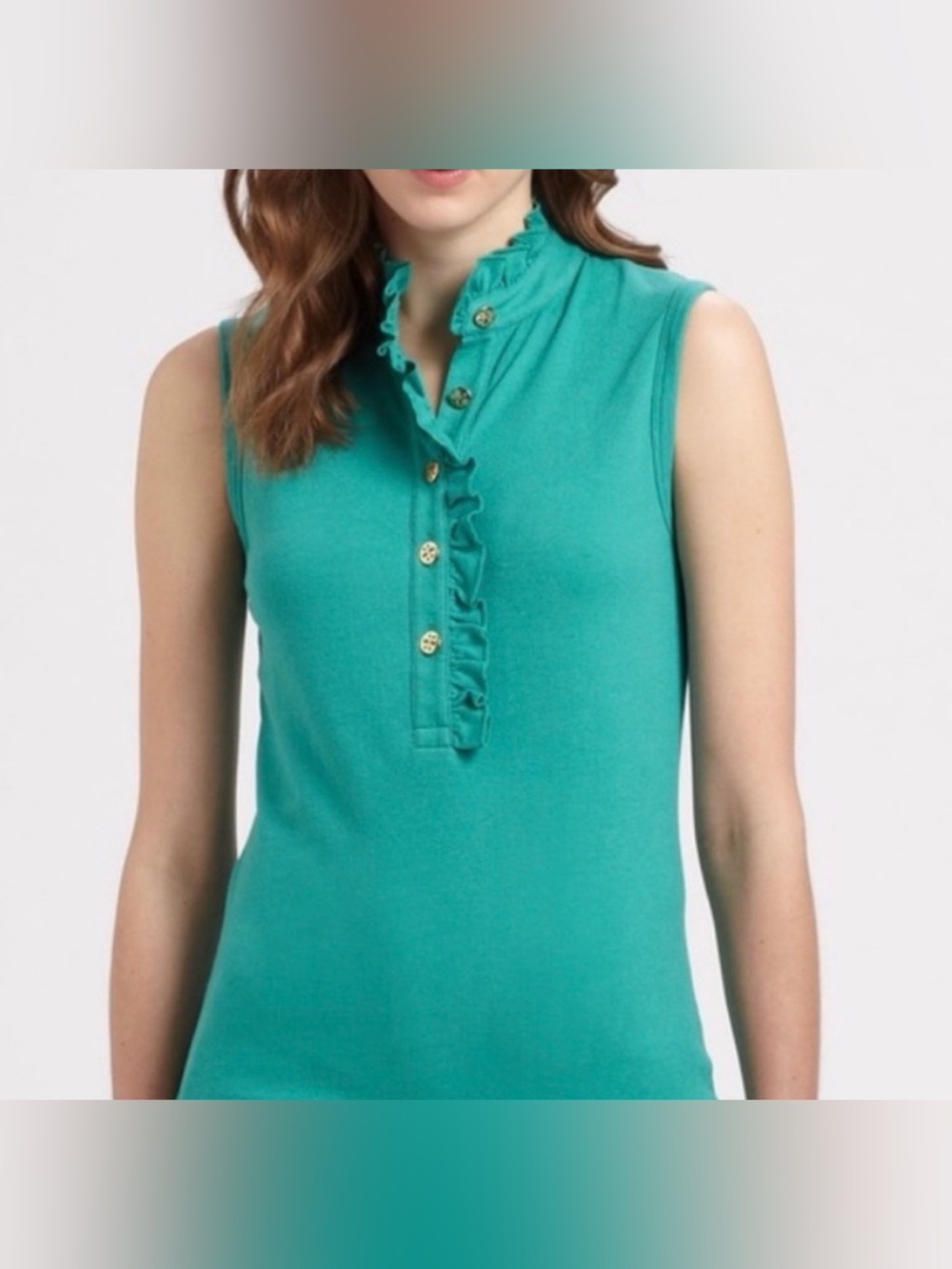 Tory Burch Sleeveless Ruffle pima cotton Placket Tank - Teal